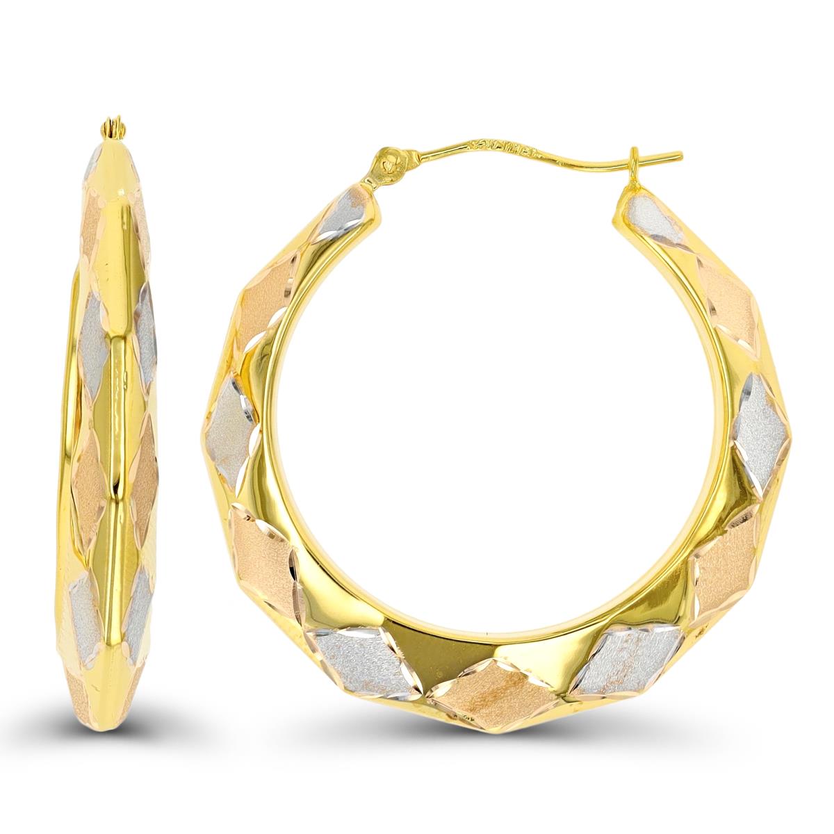 14K Tri-Color Gold Polished & Satin Fancy Diamond Shaped Hoop Earring