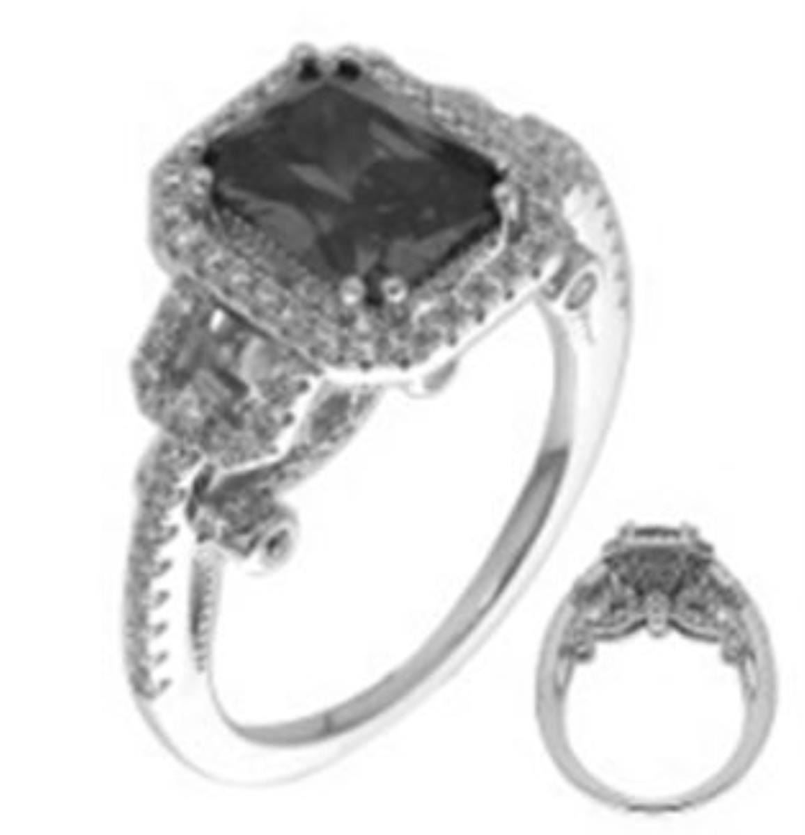 Sterling Silver Rhodium 9x7mm Emerald Cut Fancy Engagement Ring