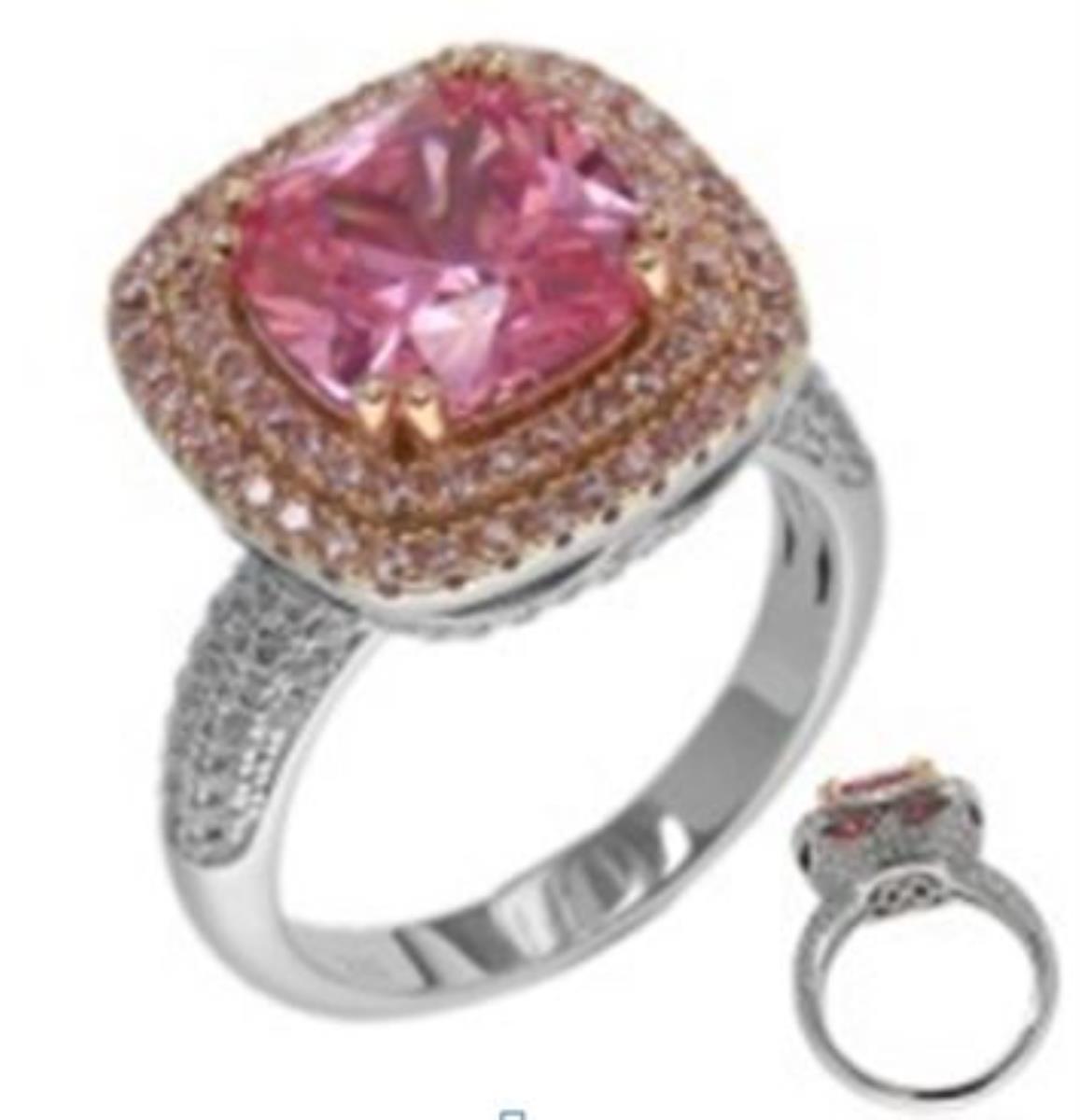 Sterling Silver Rhodium Double Frame Pink Cushion Cut Fancy Engagement Ring