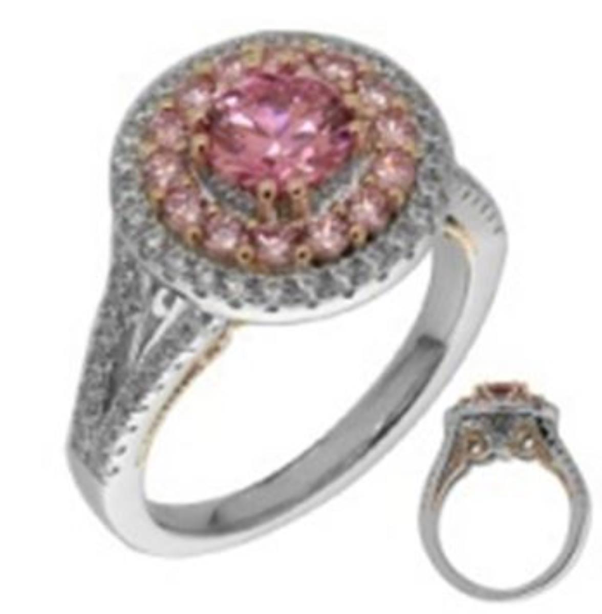 Sterling Silver Rhodium Double Frame Pink Round Cut Fancy Fashion Ring
