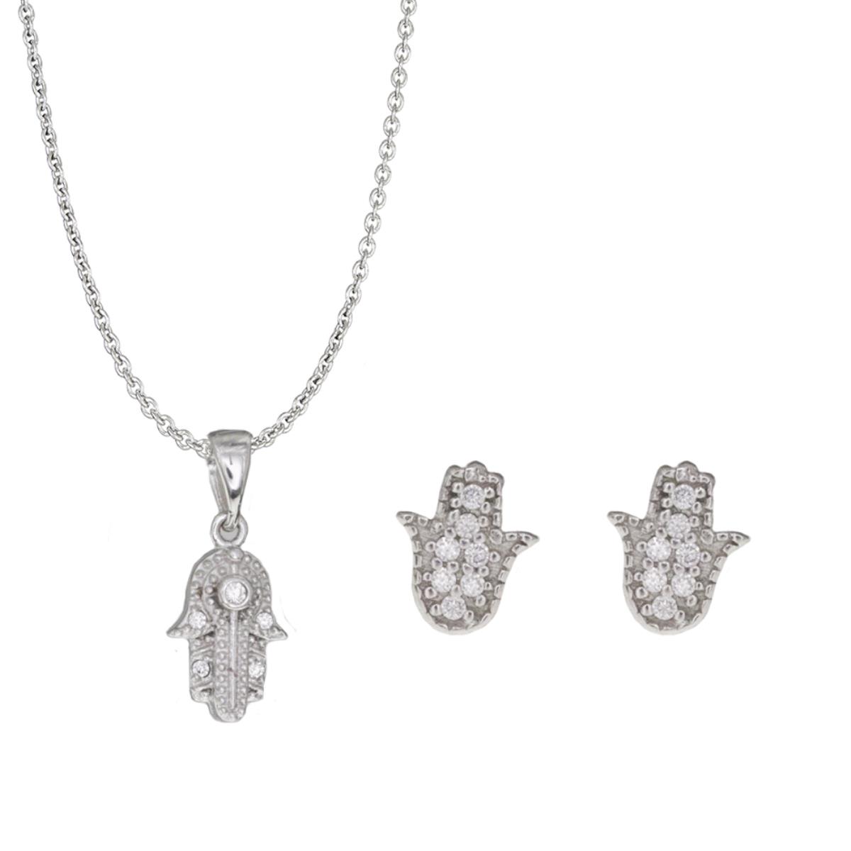 Sterling Silver Rhodium Hamsa Necklace and Earring Set