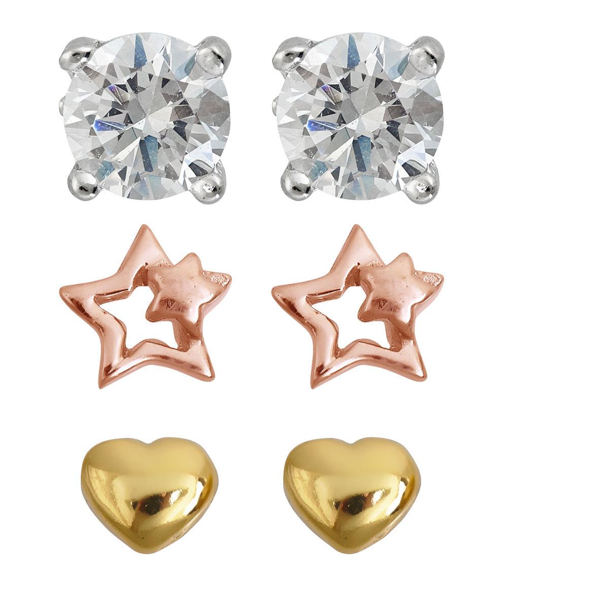 Sterling Silver Tri-Color Solitaire, Star and Heart Stud Set Kit