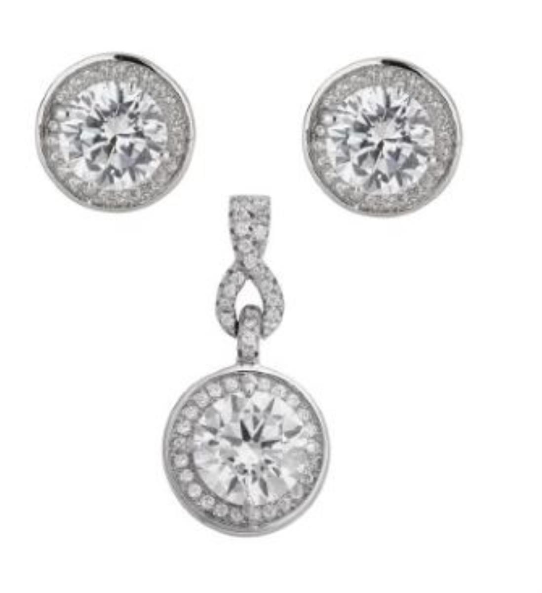 Sterling Silver Rhodium Pendant and Earring Round Halo Set