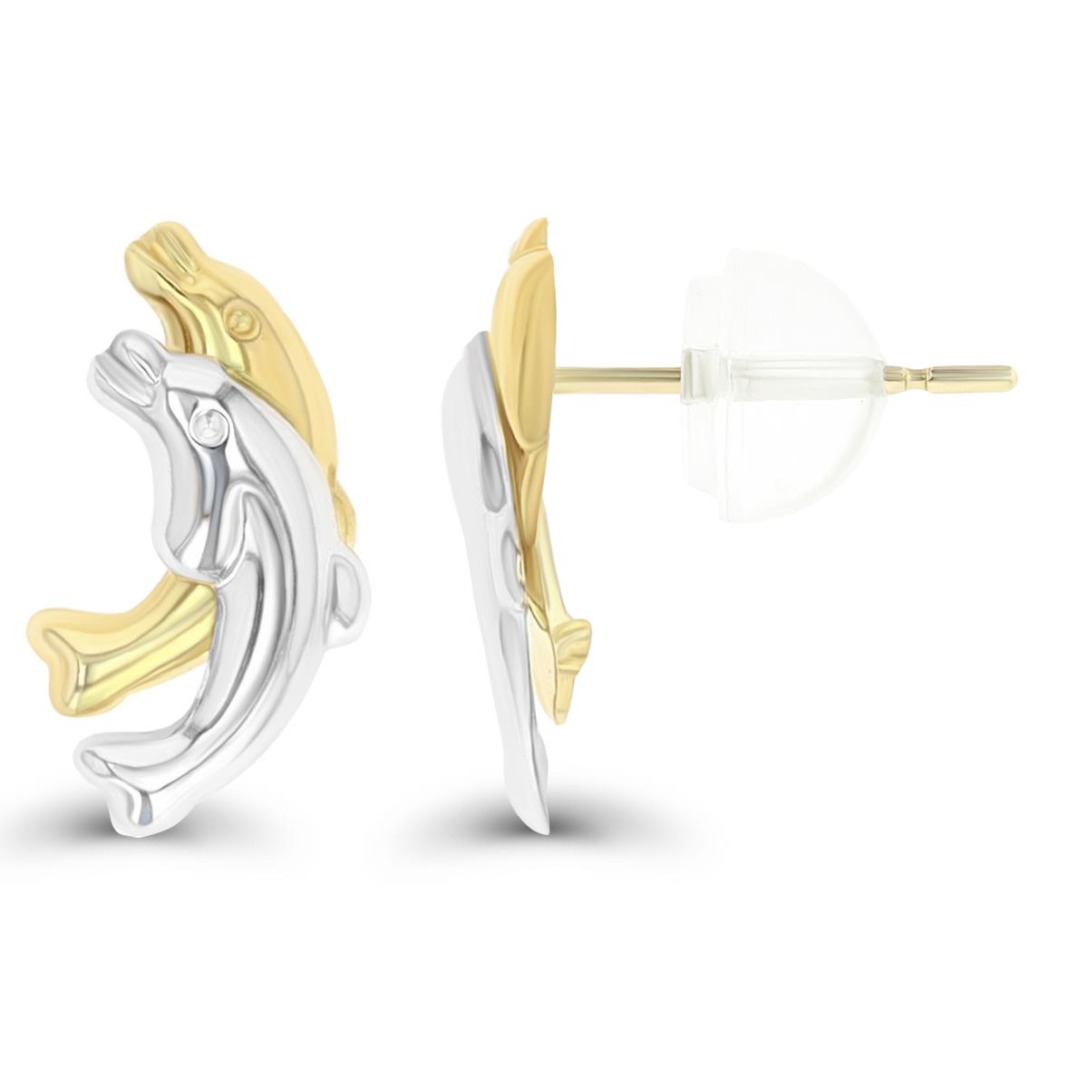 14K Two-Tone Gold Polished Double Dolphin Stud Earring