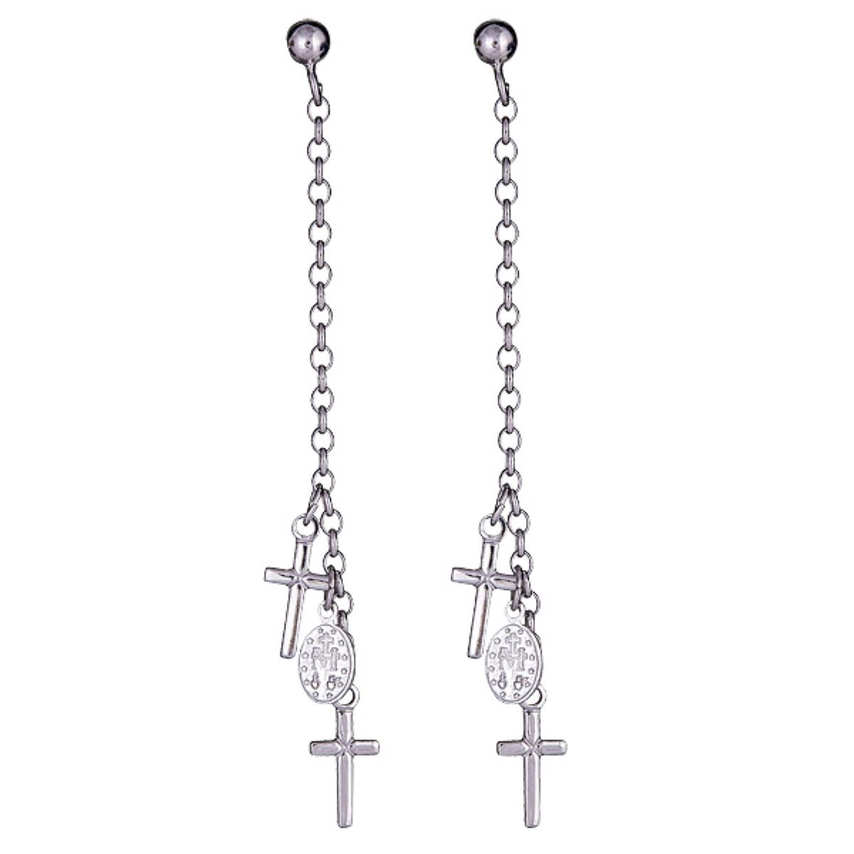 Sterling Silver Rhodium Religious Virgin Mary Cross Dangling Earring