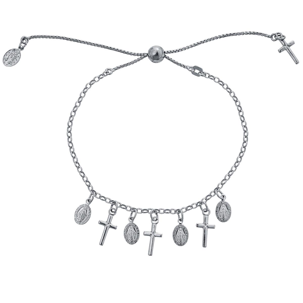 Sterling Silver Rhodium Religious 9.25" Adjustable Bracelet 
