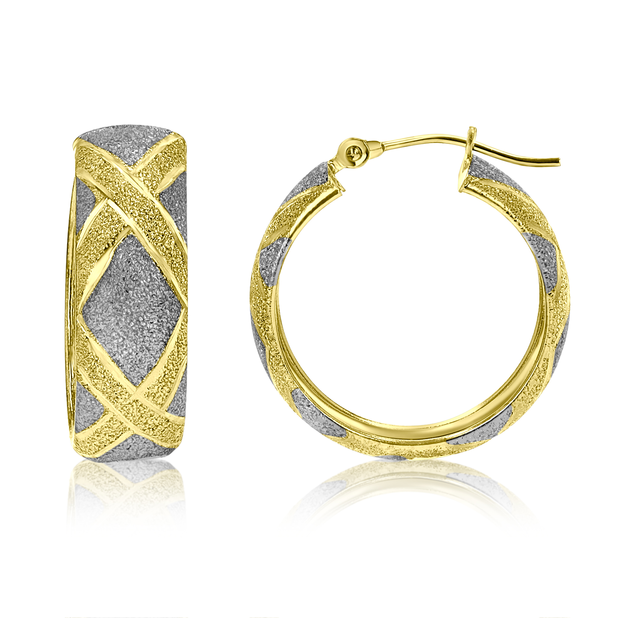 14K Gold Two Tone X Design Textured Hoop Earrings