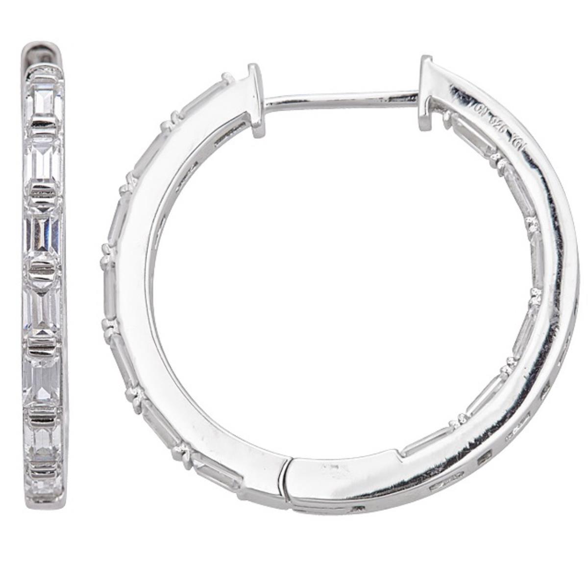 Sterling Silver Rhodium Baguette Cut  2x30mm Hoop Earring