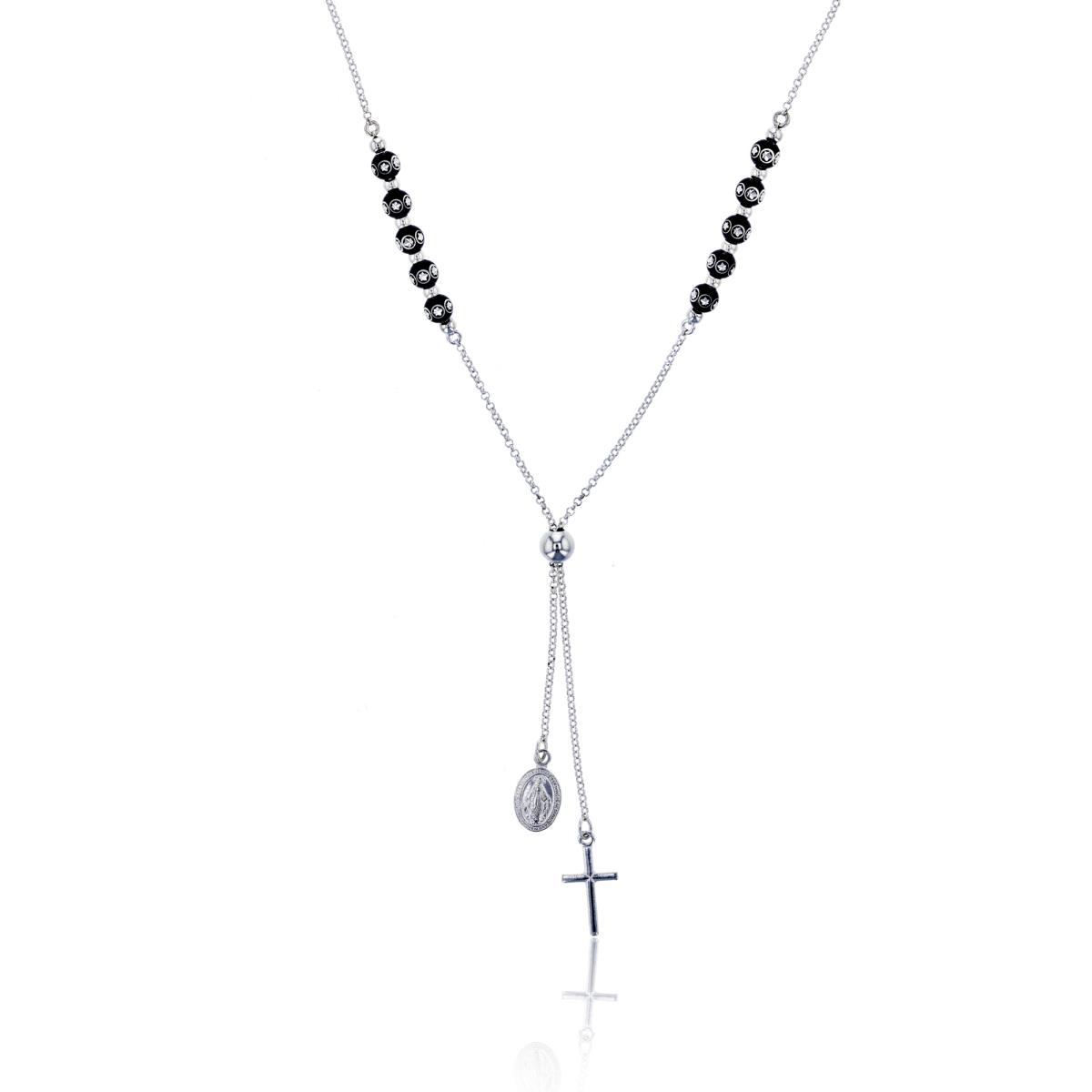 Sterling Silver Rhodium White and Black Bead Religious 16" Necklace with 2" Extension