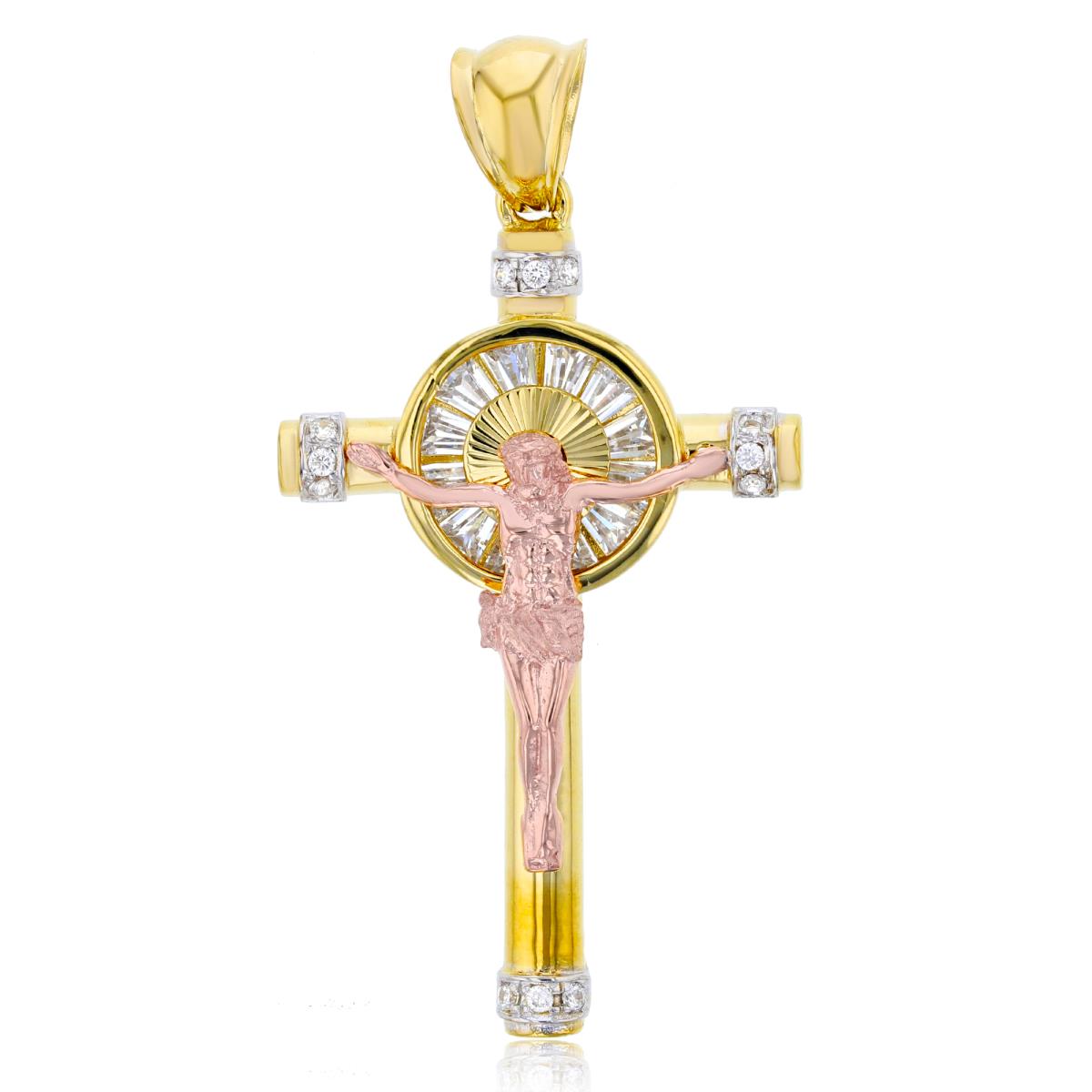 14K Tricolor Gold Baguette & Round Cut Crucifix Cross Pendant