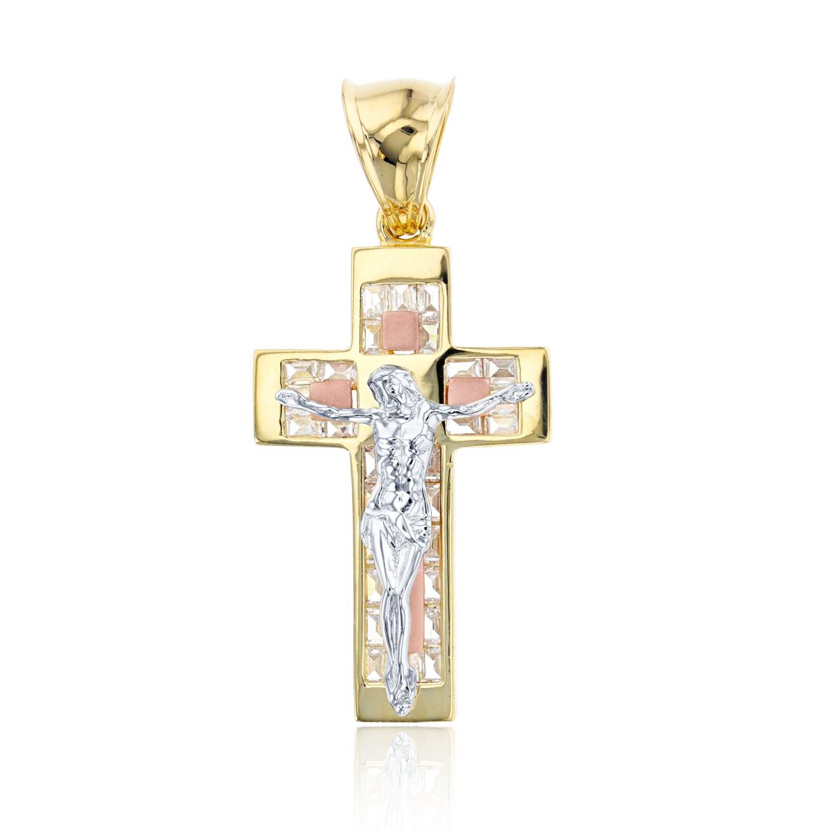 14K Tricolor Gold Pave Baguette Cut Crucifix Cross Pendant