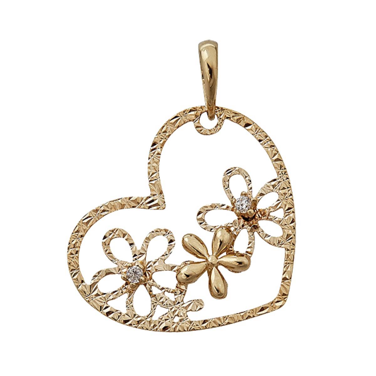 14K Yellow Gold Diamond Cut Heart Flower Pendant