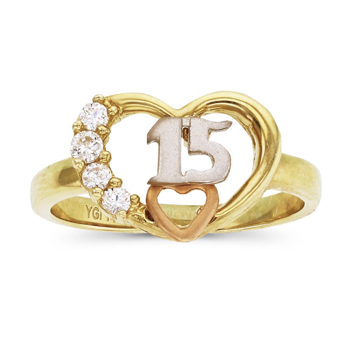 14K Gold Tri-Color NO.15&Double Heart Frame Fashion Ring