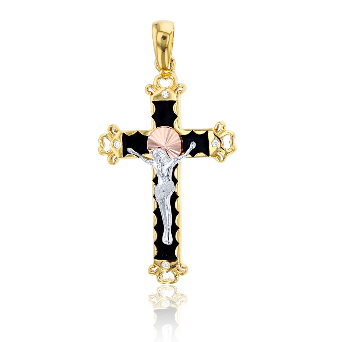 14K Gold Tri-Color 25x50mm Heart Frame Black Enamel Crucifix Cross Pendant