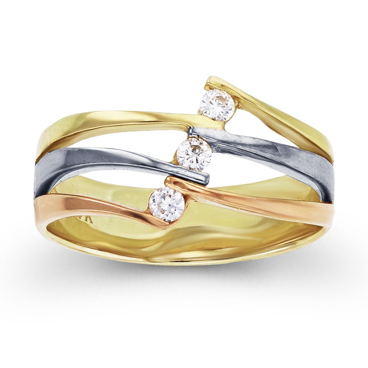 14K Gold Tri-Color 3 Wave Row Fashion Ring