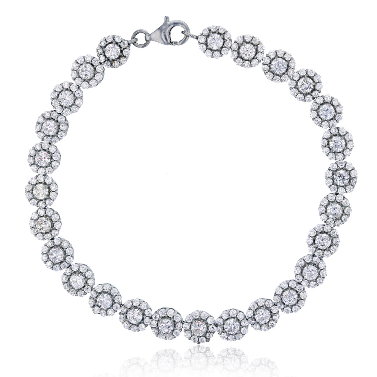 Sterling Silver Round 6.50mm Halo Flower 7.25" Fashion Bracelet