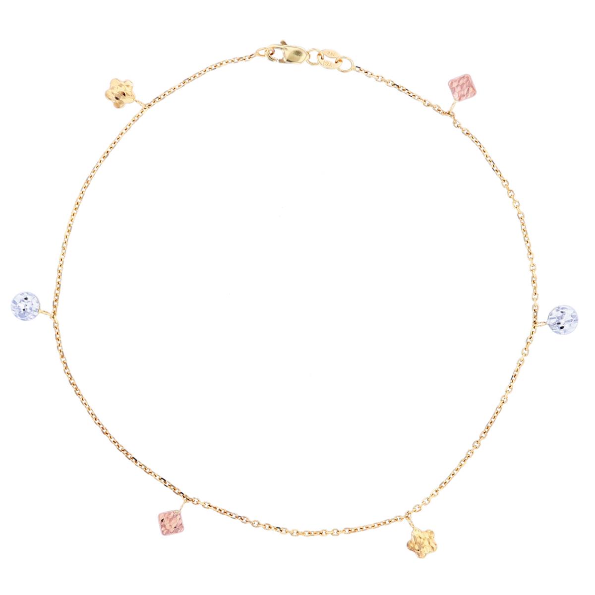 14K Tri-Color Gold Diamond, Circle and Star Charm 10" Anklet