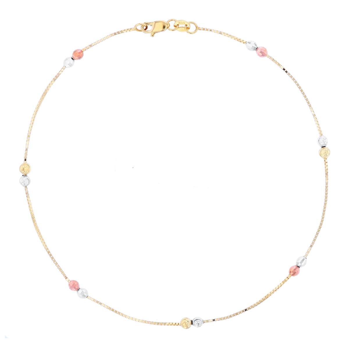 14K Tri-Color Gold DC White and Rose Ball 10" Anklet