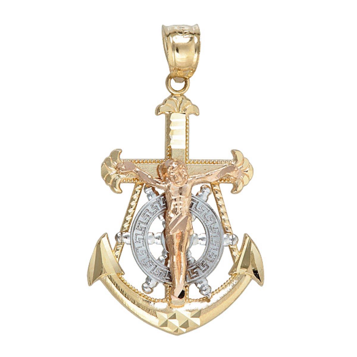 14K Tri-Color Gold Religious Nautical Cross Wheel & Anchor Dangling Pendant