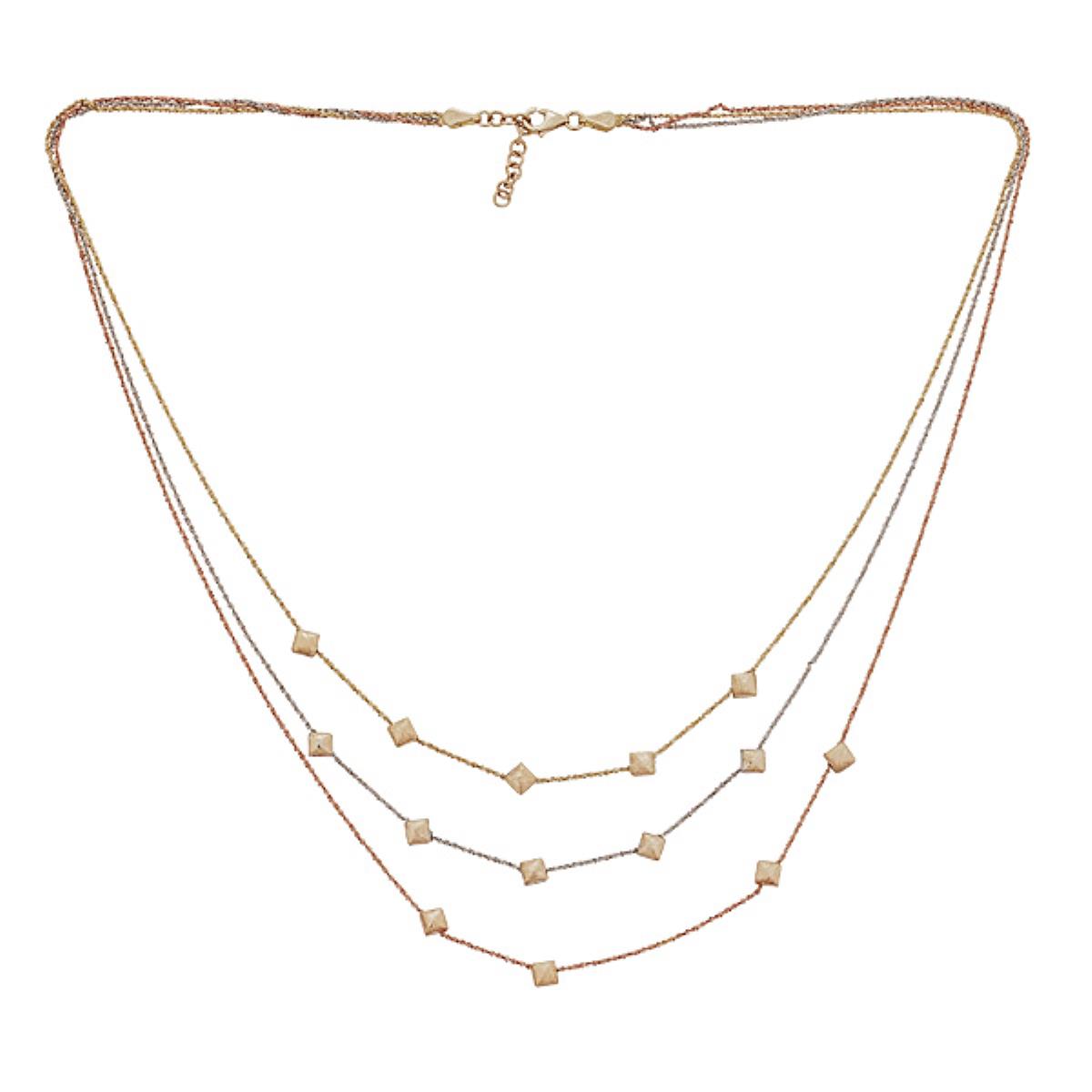 14K Tri-Color Gold 3 Strand Satin Diamond Bead 17+1" Necklace