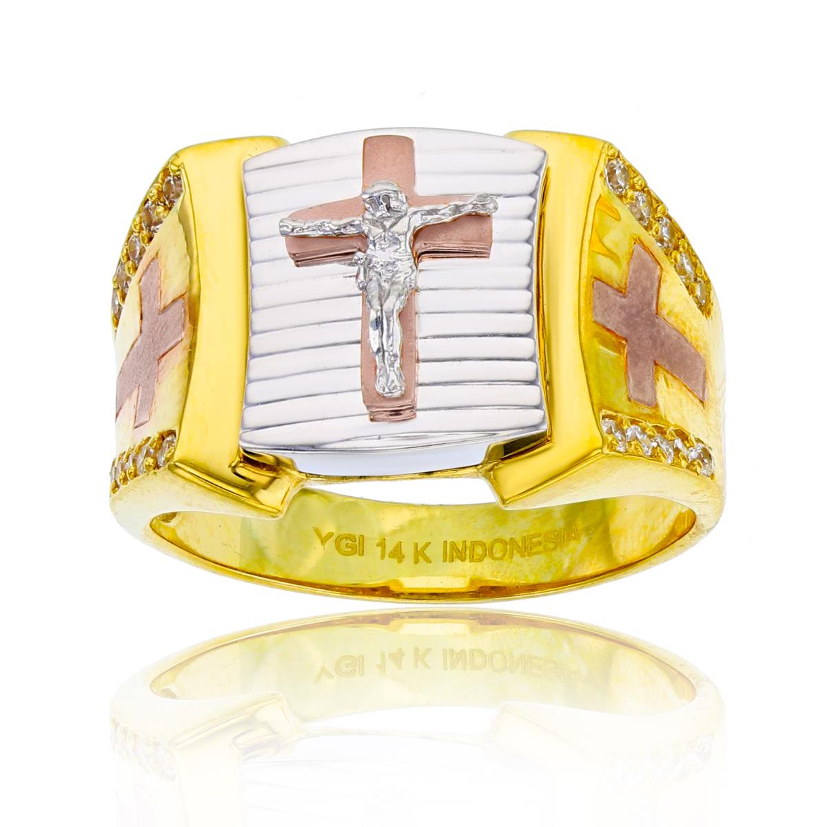 14K Tri-Color Gold Crucifix and Cross Mens Ring 