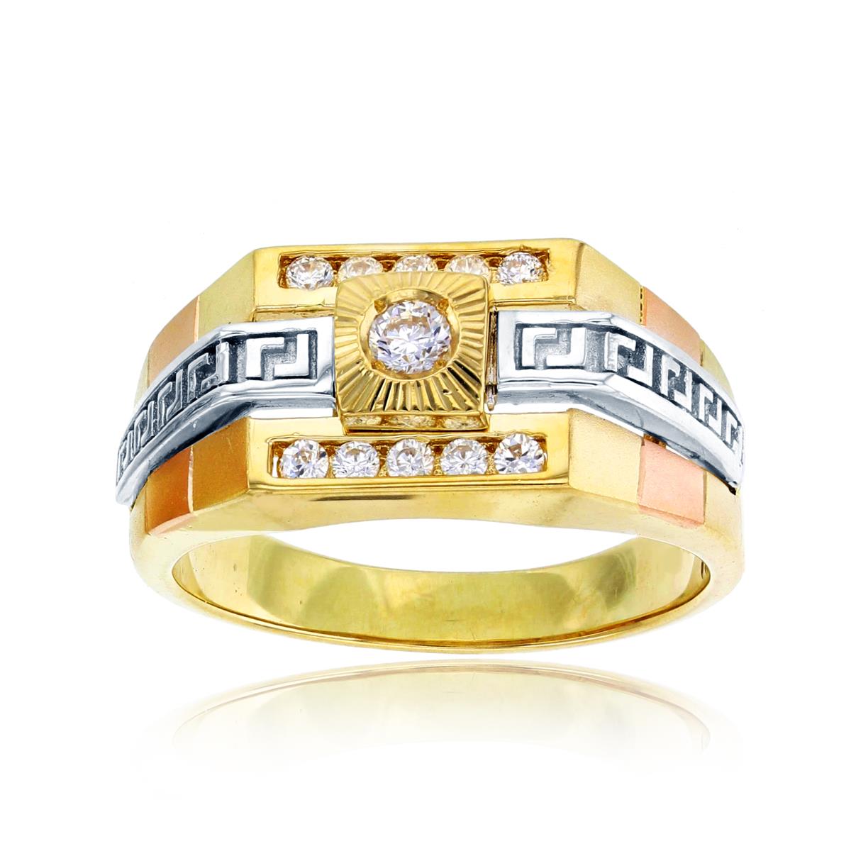 14K Tri-Color Gold Greek Key Satin Fancy Mens Ring