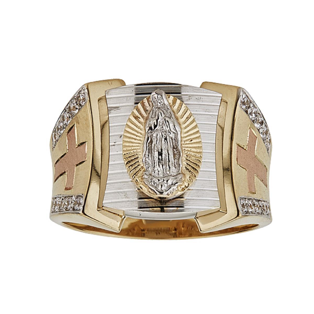 14K Tri-Color Gold Virgin Mary and Cross Mens Ring 