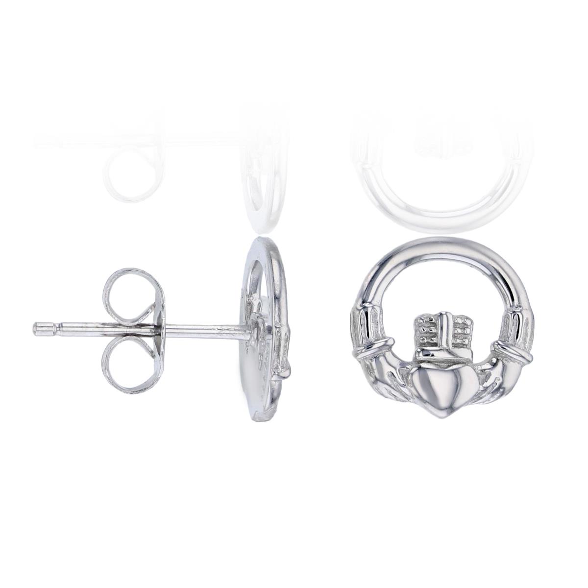 Sterling Silver Rhodium Claddagh Stud Earring