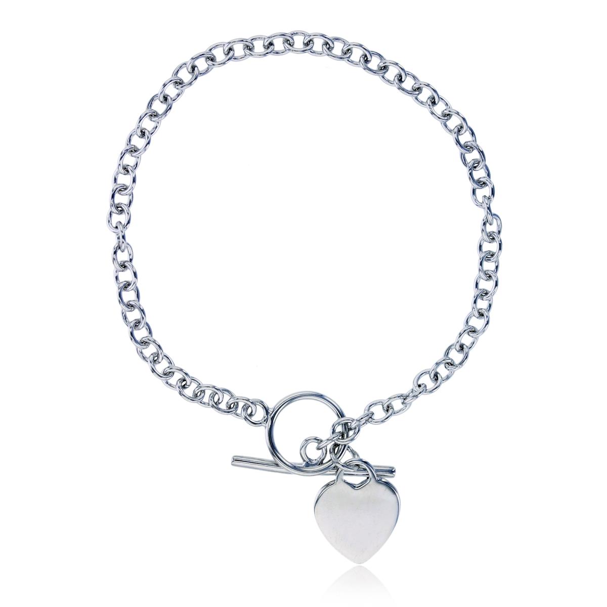 Sterling Silver Rhodium Heart Charm Toggle Bracelet