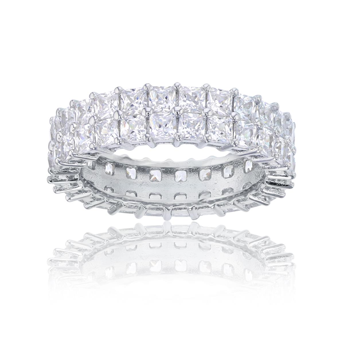 Sterling Silver Rhodium Two Row Princess Cut Eternity Band Ring