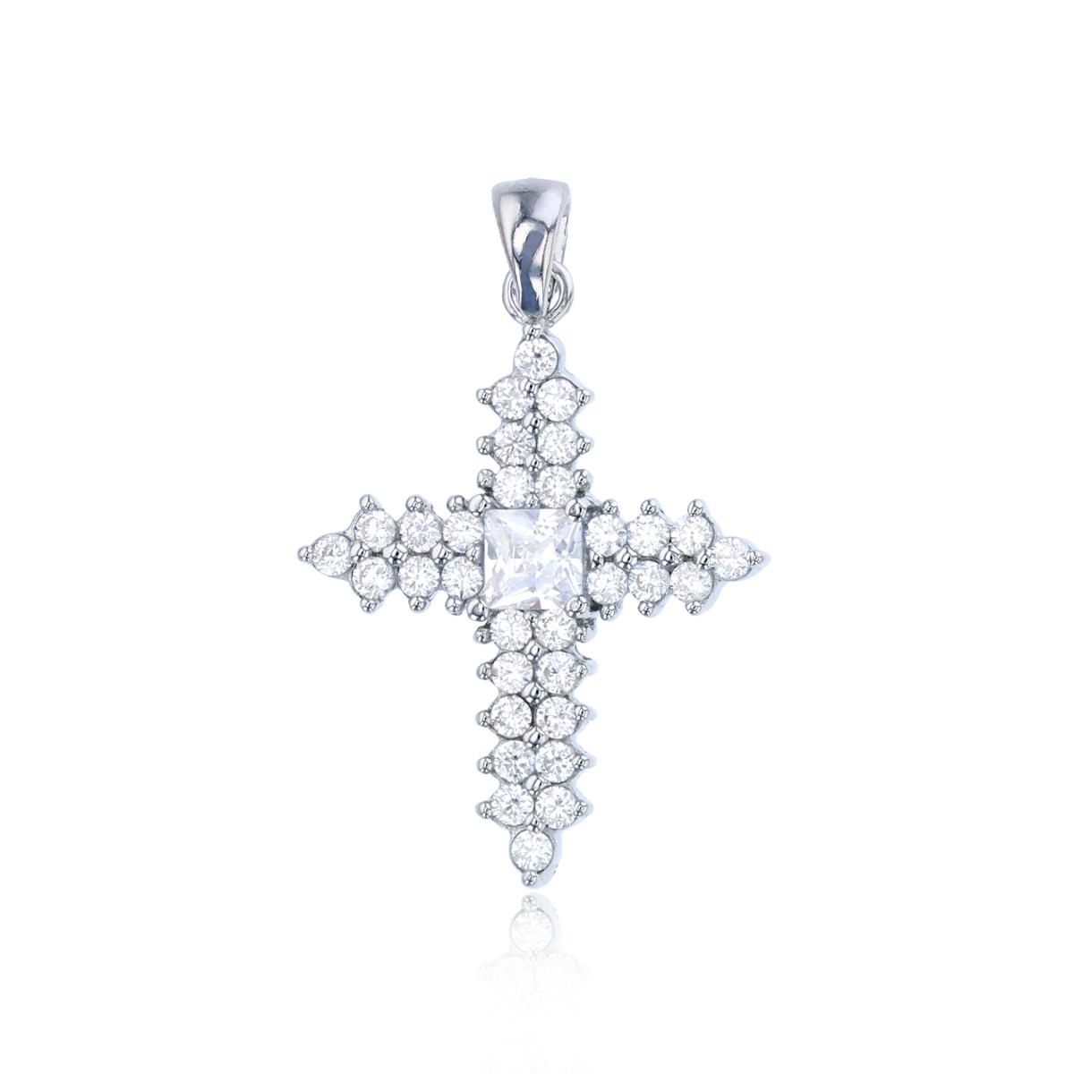 Sterling Silver Rhodium Pave Cross Pendant