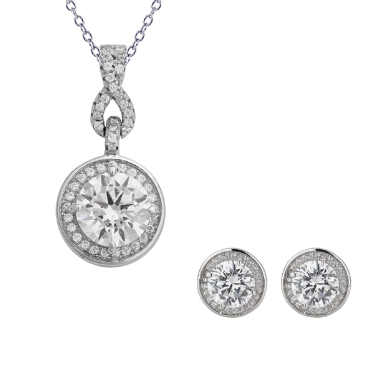 Sterling Silver Rhodium 8mm Halo Round Stud and Necklace Set