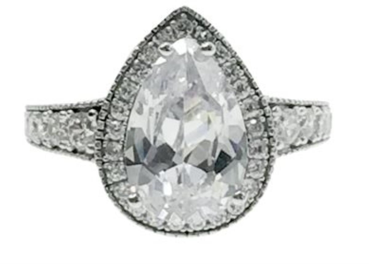 Sterling Silver Rhodium Pear Cut Milgrain Fancy Engagement Ring