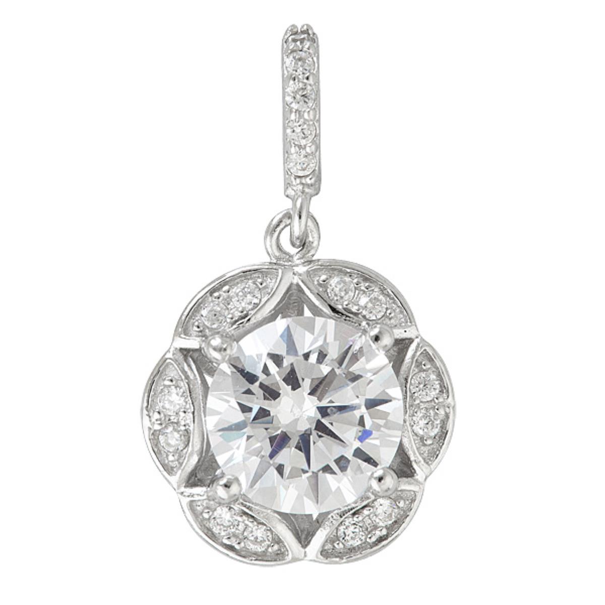 Sterling Silver Rhodium 8mm Round Cut Floral Pendant