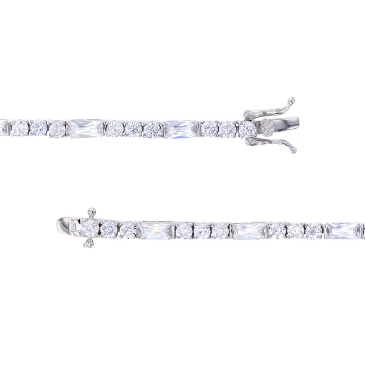 Sterling Silver Rhodium 3.00mm Round and Baguette Tennis Bracelet
