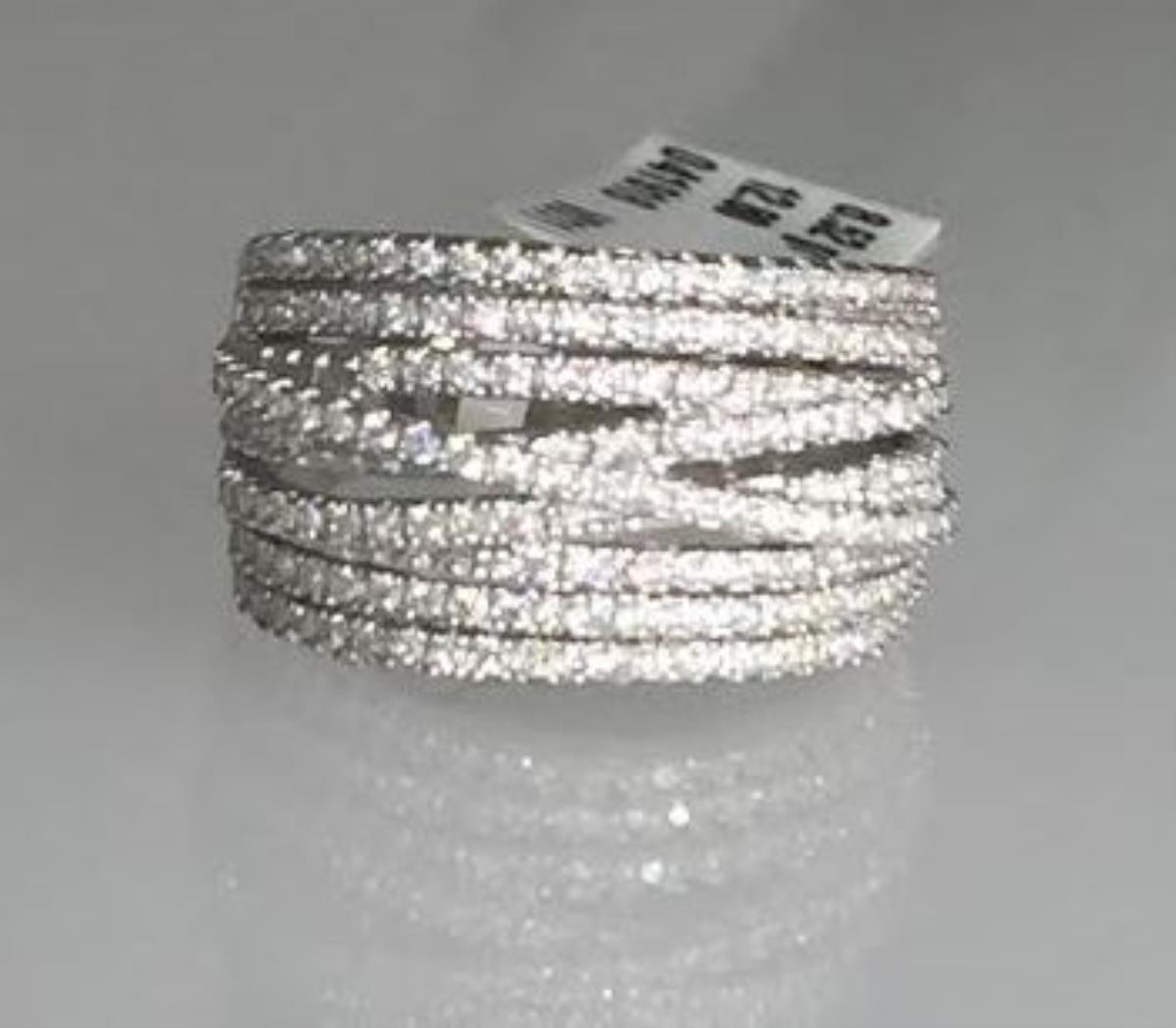 Sterling Silver Rhodium Pave Multi-Row Crossover Fashion Ring