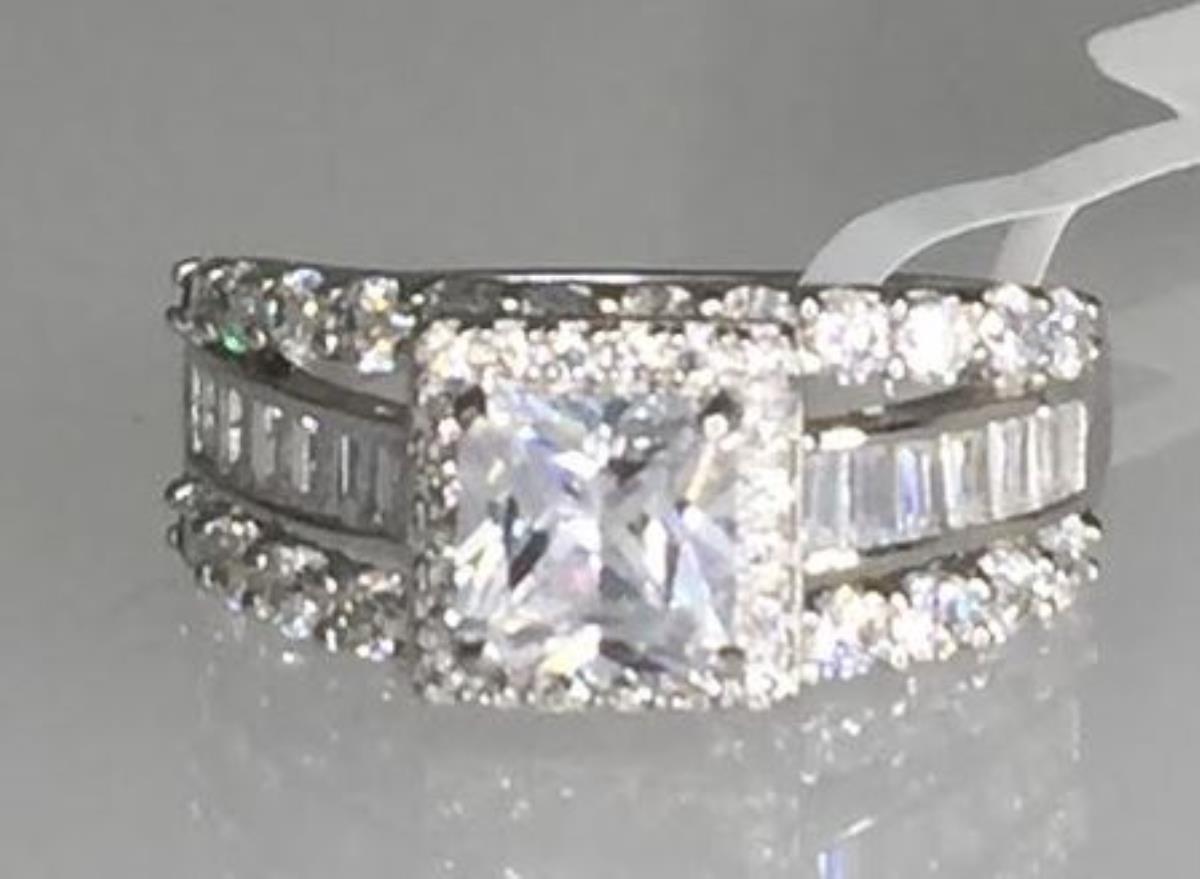 Sterling Silver Rhodium 6.00mm Princess Halo Vintage Engagement Ring