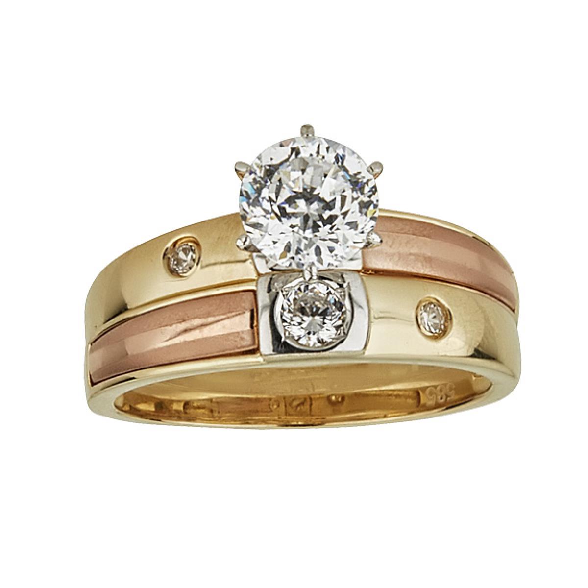 14K Tri-color Gold 6.20mm Round Cut Wedding Duo Band Set Ring