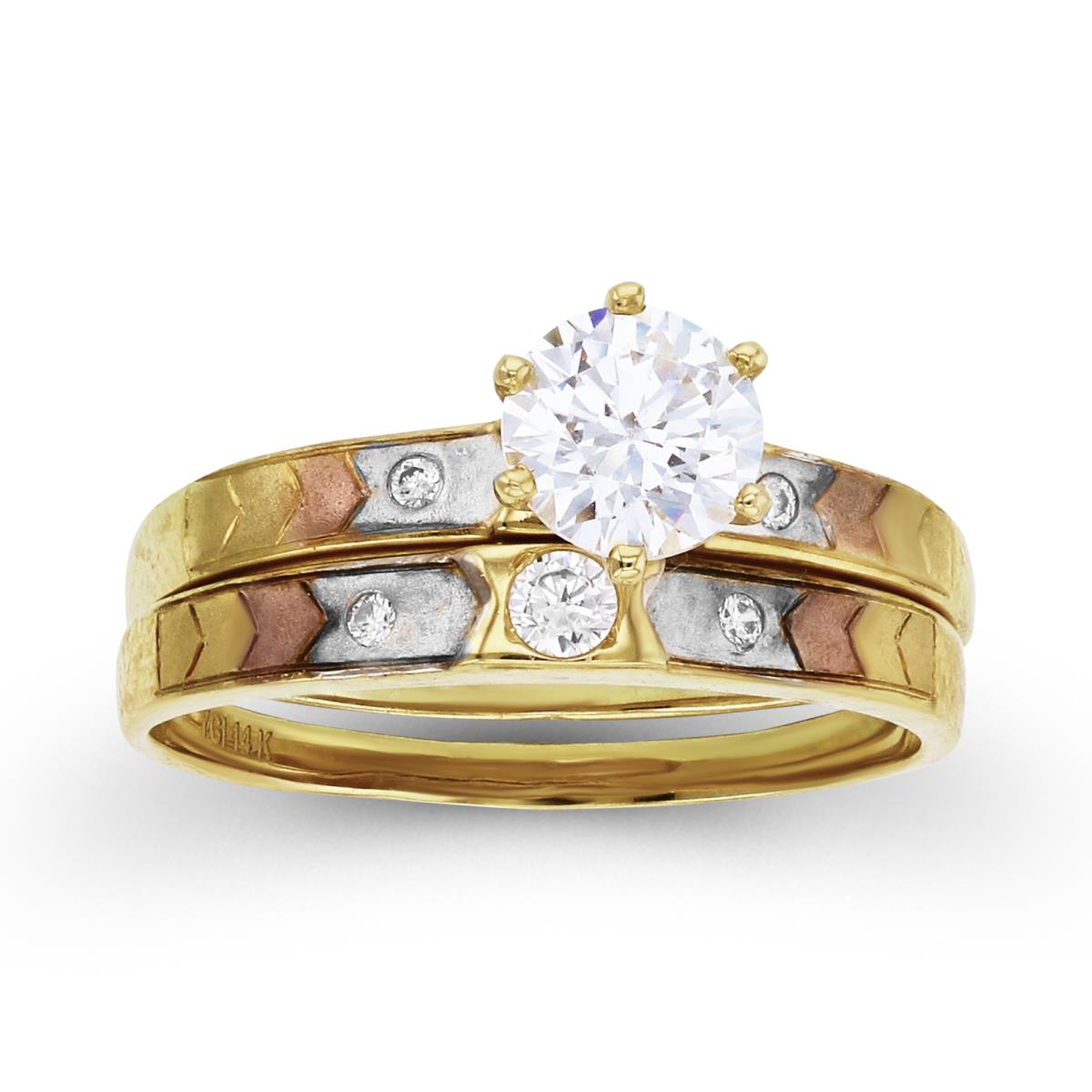 14K Tri-color Gold 5.90mm Round Cut Wedding Duo Set Ring