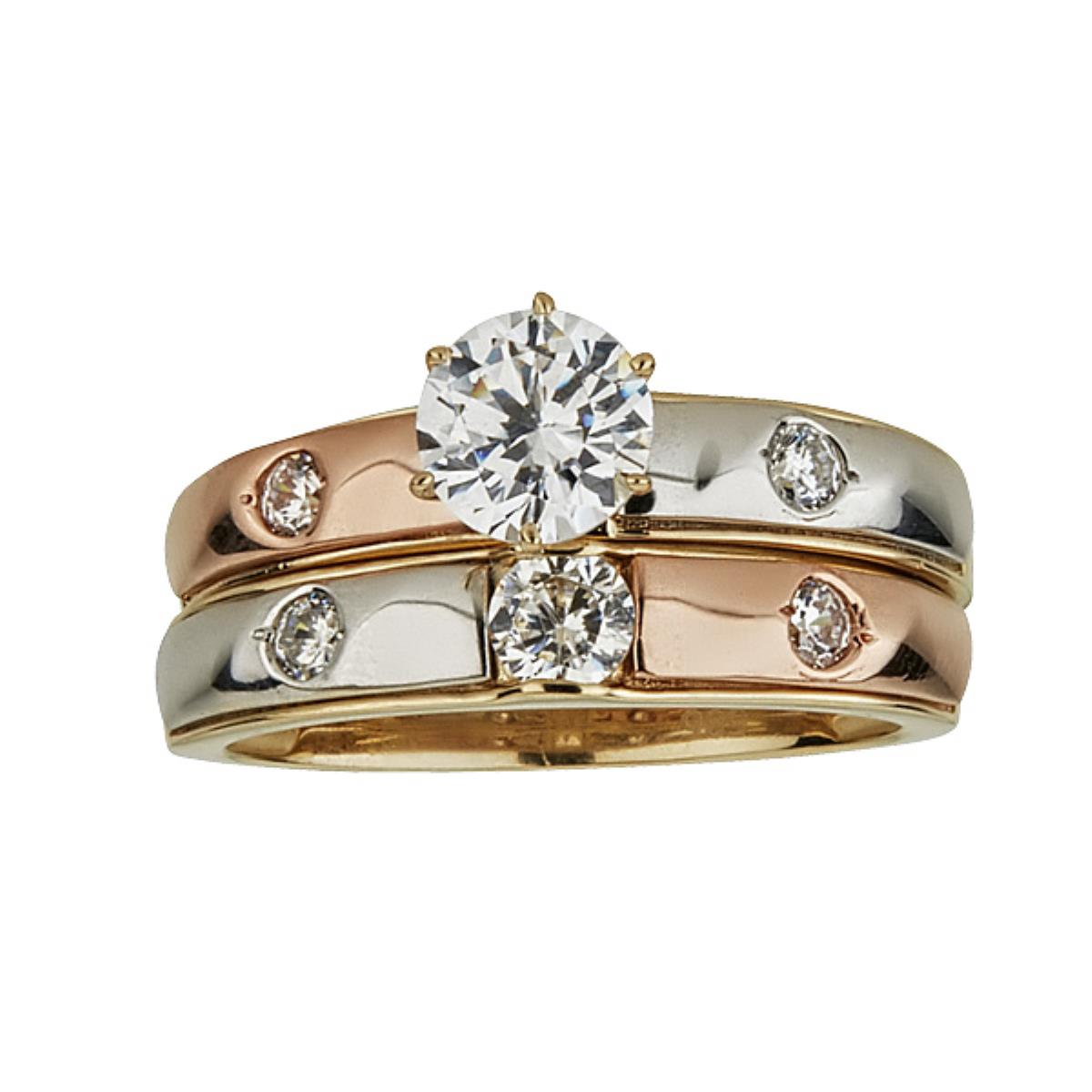 14K Tri-color Gold 6.00mm Round Cut Wedding Duo Band Set Ring