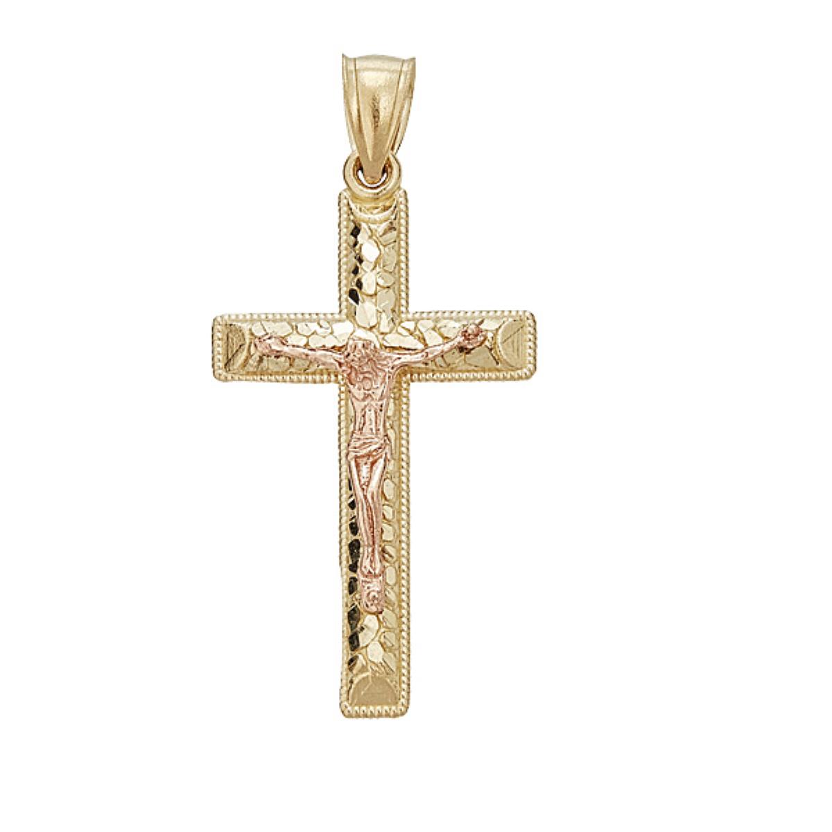 14K Yellow and Rose Gold DC Milgrain Religious Crucifix Cross Pendant 