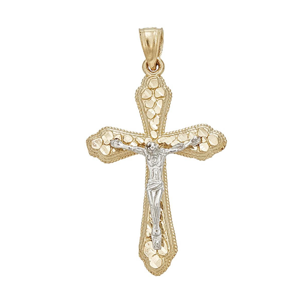 14K Two-Tone Gold DC Milgrain Religious Crucifix Cross Pendant 