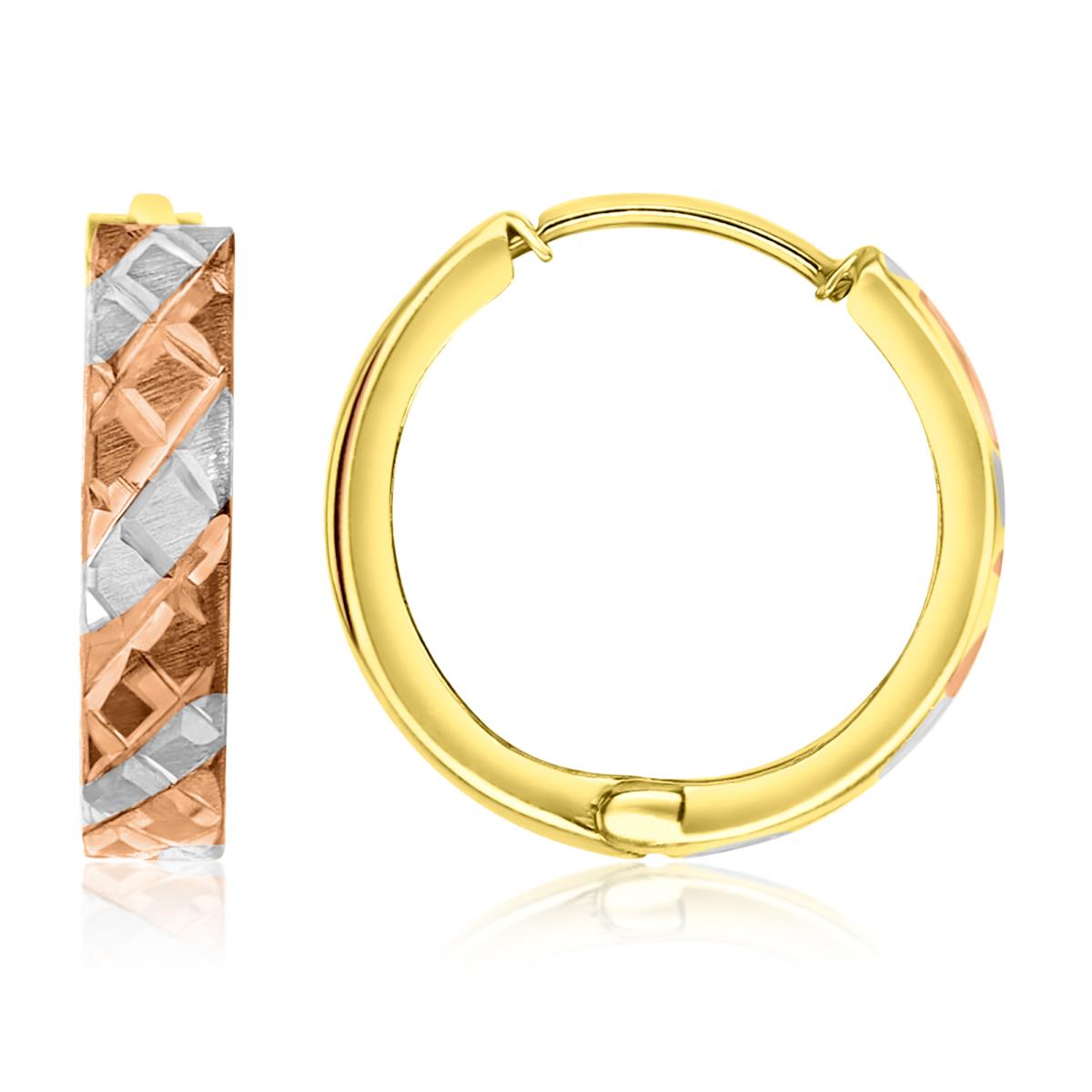 14K Tri-Color Gold Diamond Cut 3.50x15.00mm Huggie Earring