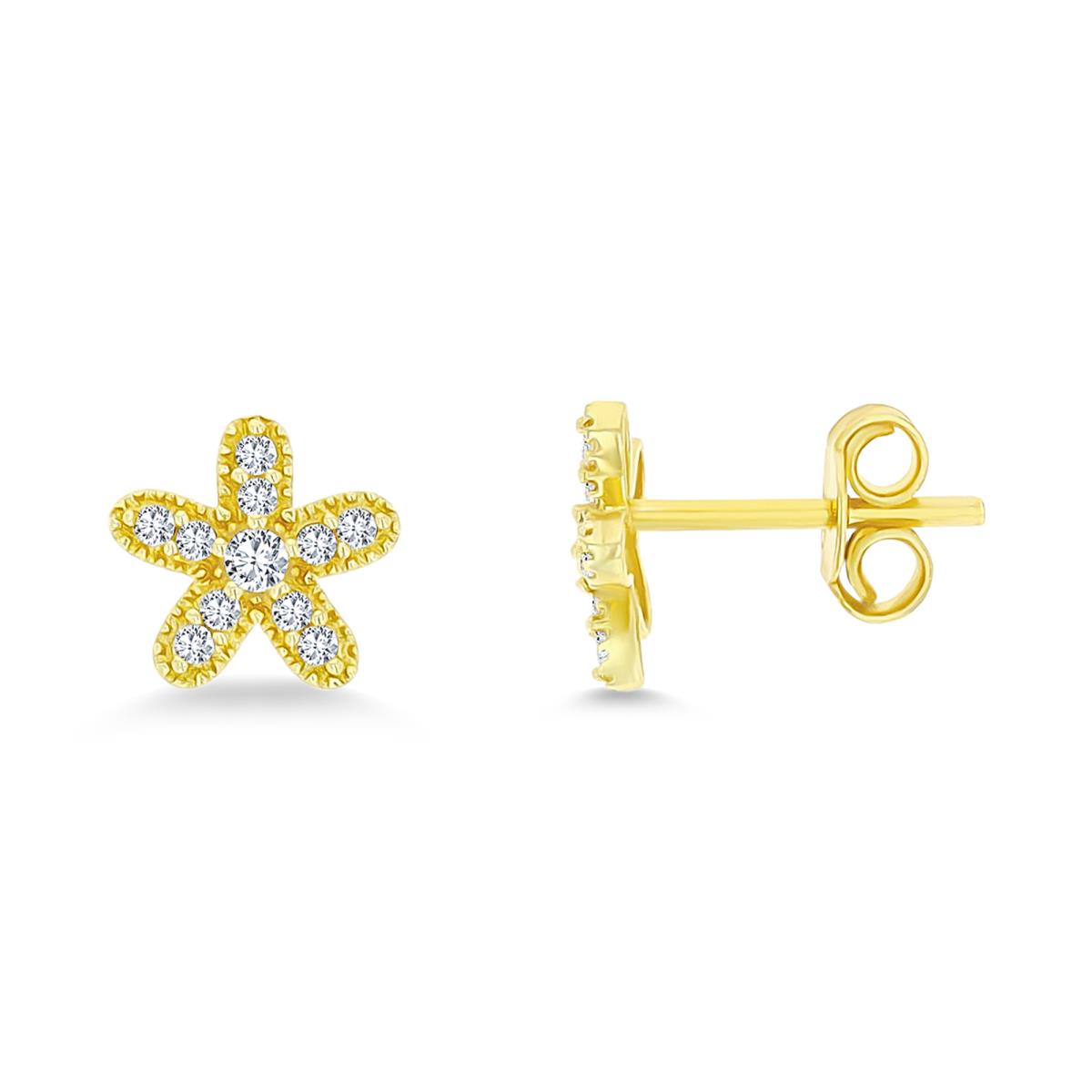 14K Yellow Gold Micropave CZ Daisy Stud Earring with Clutch Back