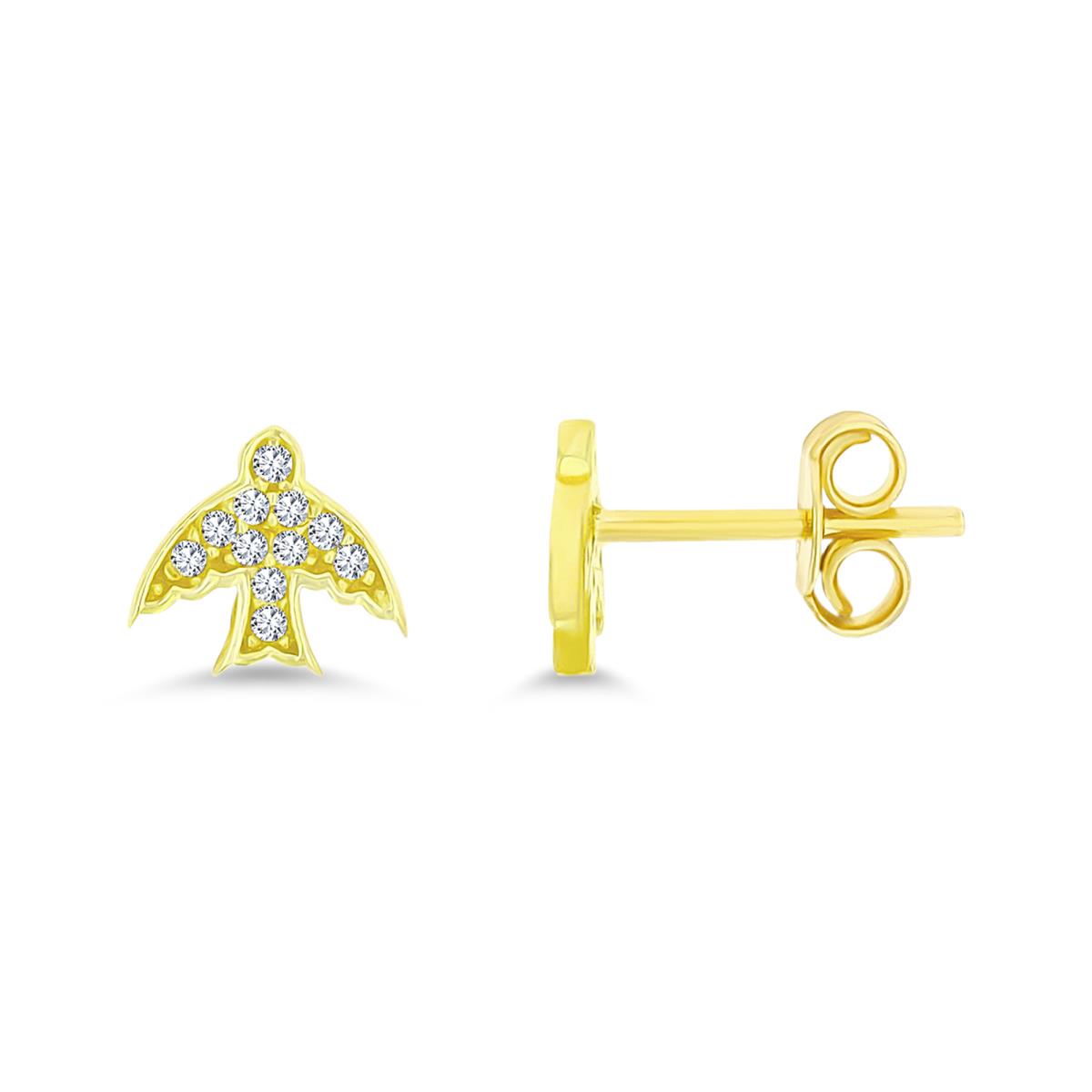 14K Yellow Gold Micropave CZ Swallows Stud Earring with Clutch Back