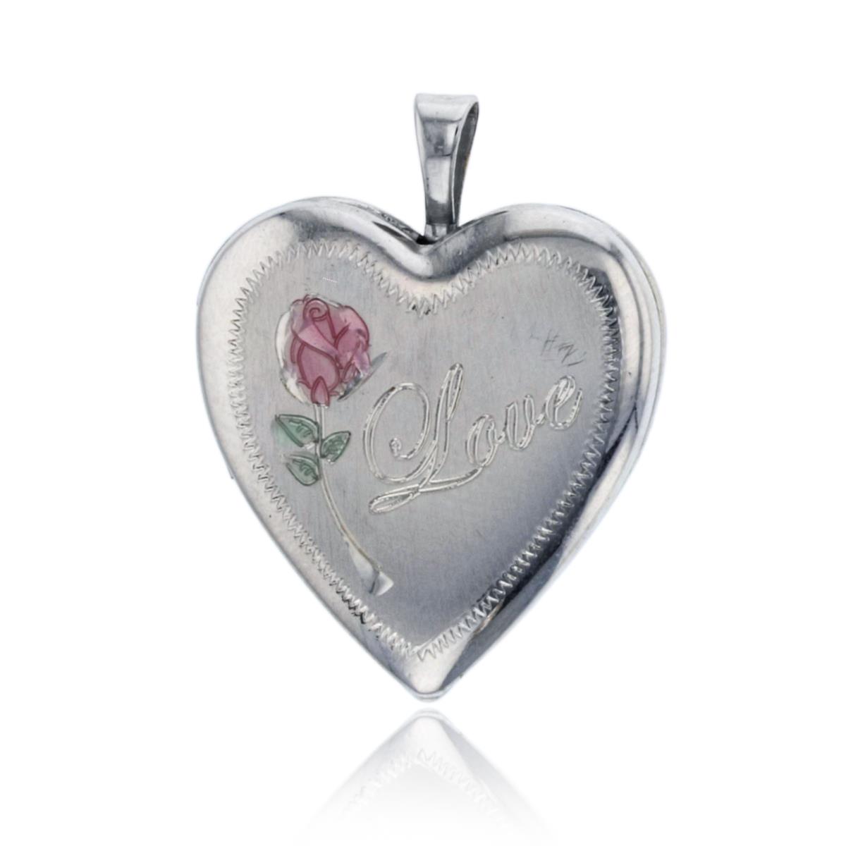 Sterling Silver Rhodium Satin LOVE and Rose 20mm Heart Locket Pendant