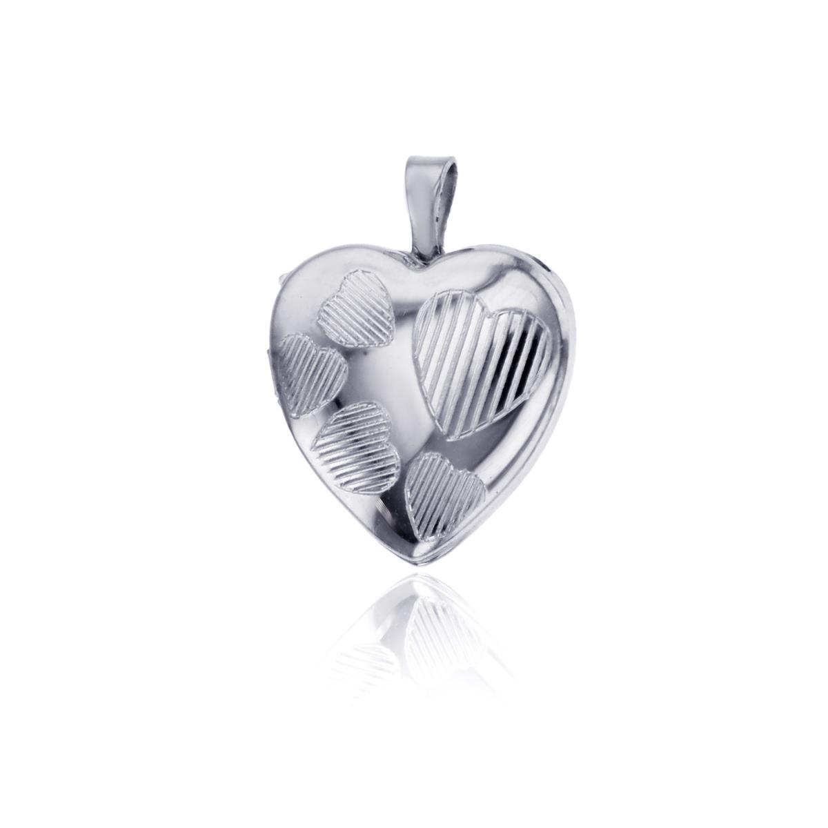 Sterling Silver Rhodium High Polished and Satin Multi Heart 13mm Heart Locket Pendant