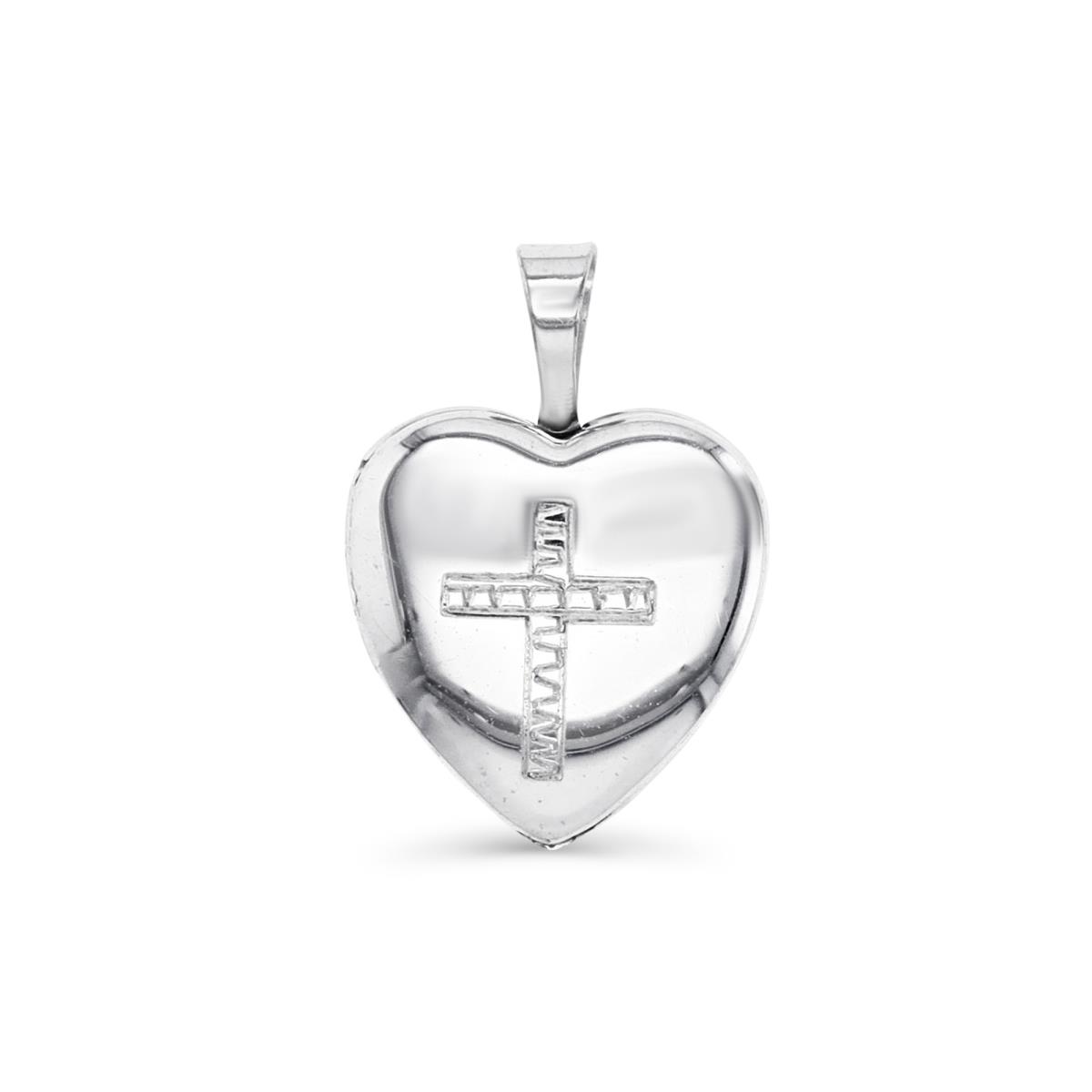 Sterling Silver Rhodium Cross 13mm Heart Locket Pendant