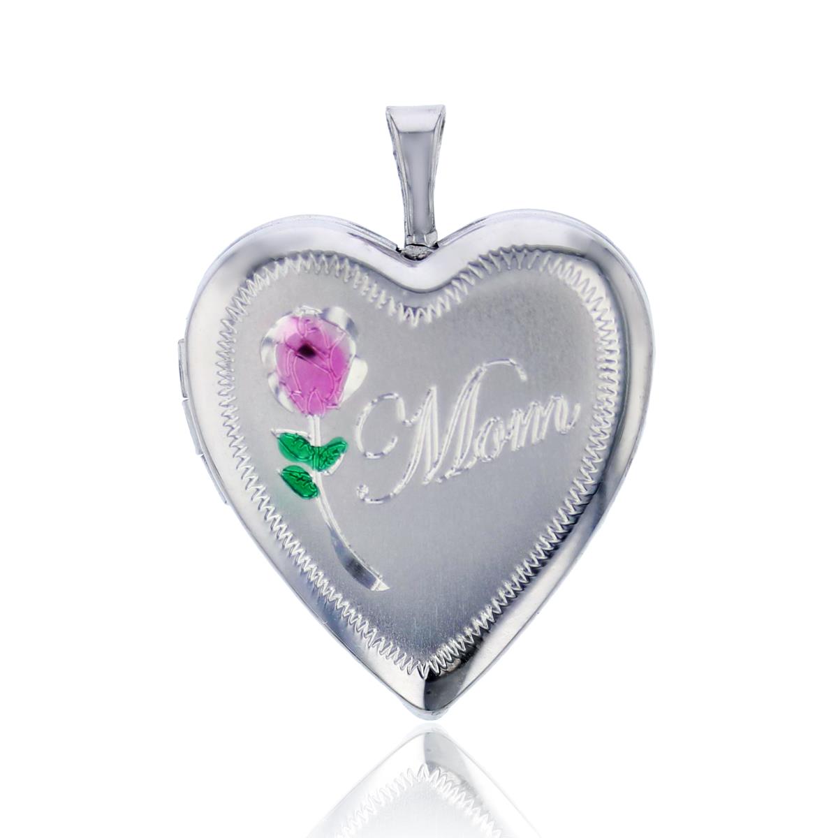 Sterling Silver Rhodium Satin Rose and MOM 20mm Heart Locket Pendant