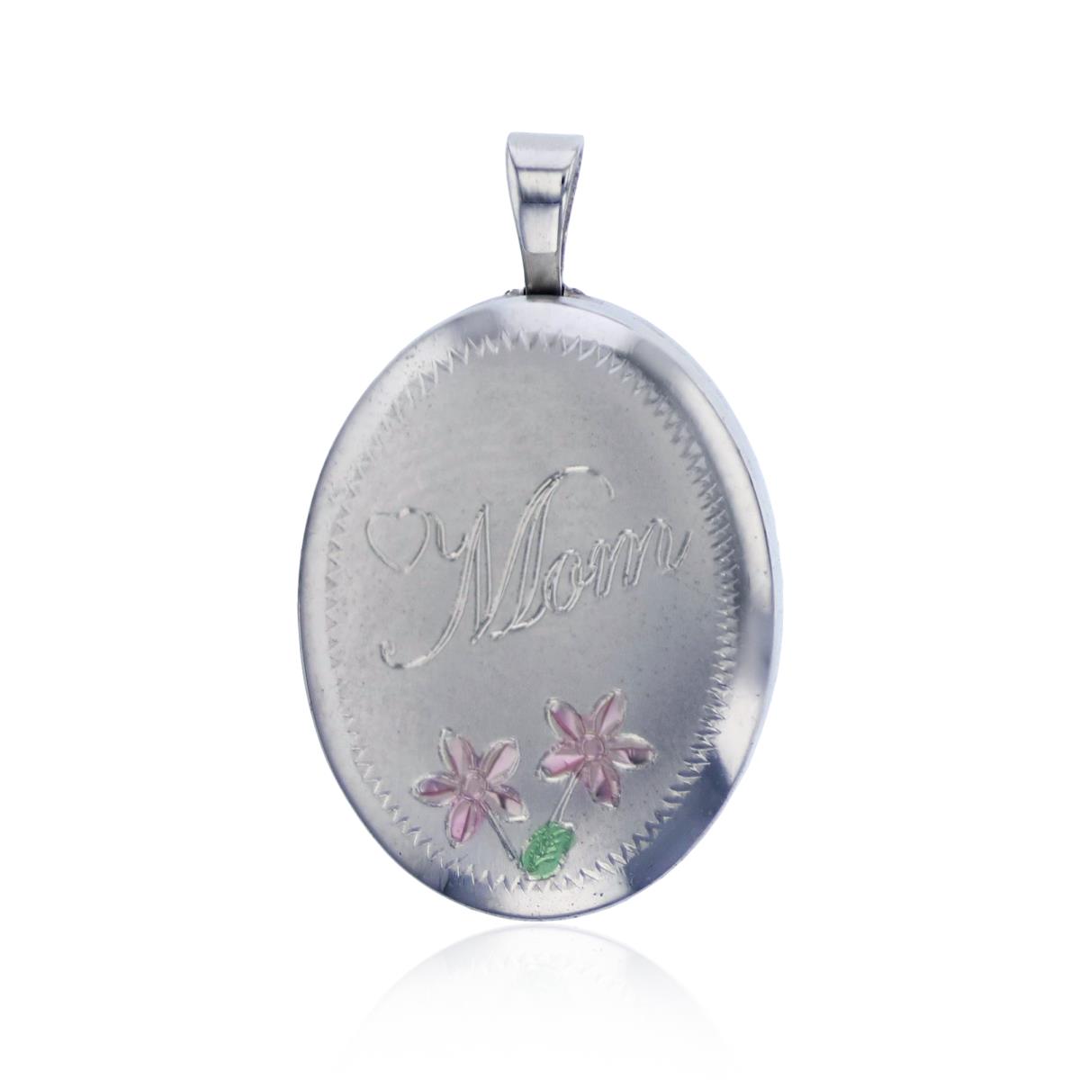 Sterling Silver Rhodium Satin MOM and Flower 16mm Oval Locket Pendant